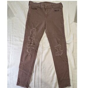 American Eagle Super Stretch X Jeggings Mauve Brown Distressed Ripped Jeans 10R